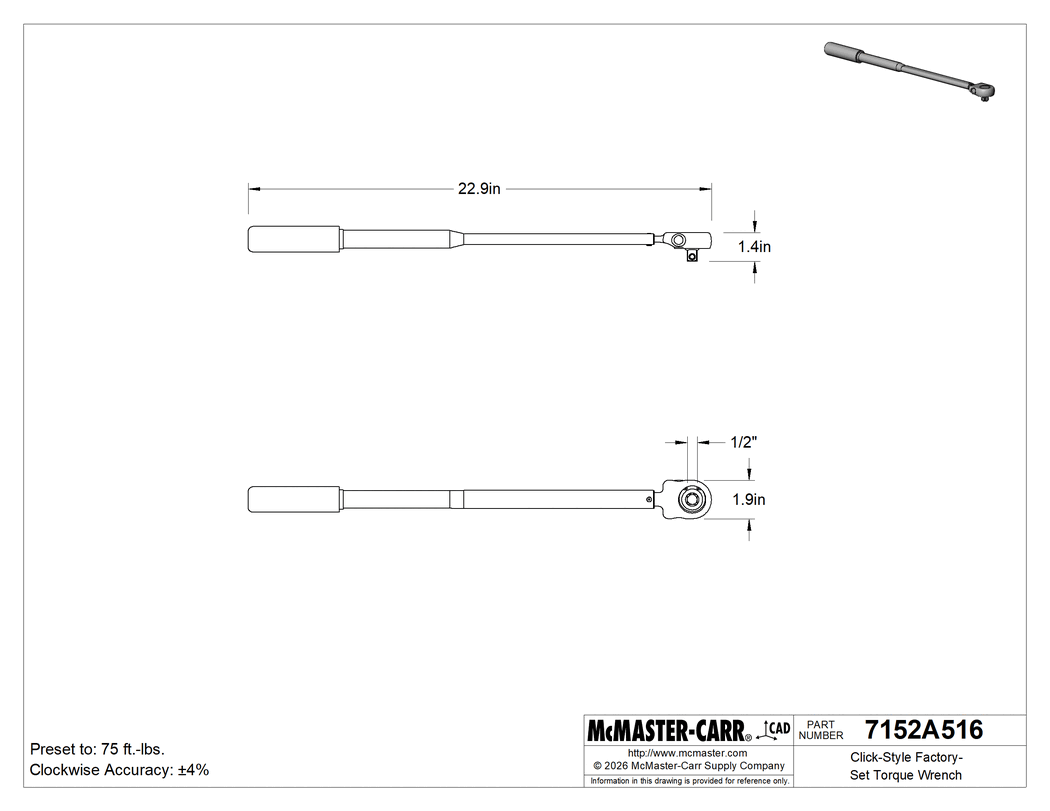 Technical Drawing of Click-Style Factory-Set Torque Wrench, 1/2" Square Drive, 75 ft.-lbs. Torque, 22-7/8" Long.